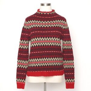 Chaps Petite Large Fair Isle Sweater Wool Blend‎ Red Black White Pullover Mock